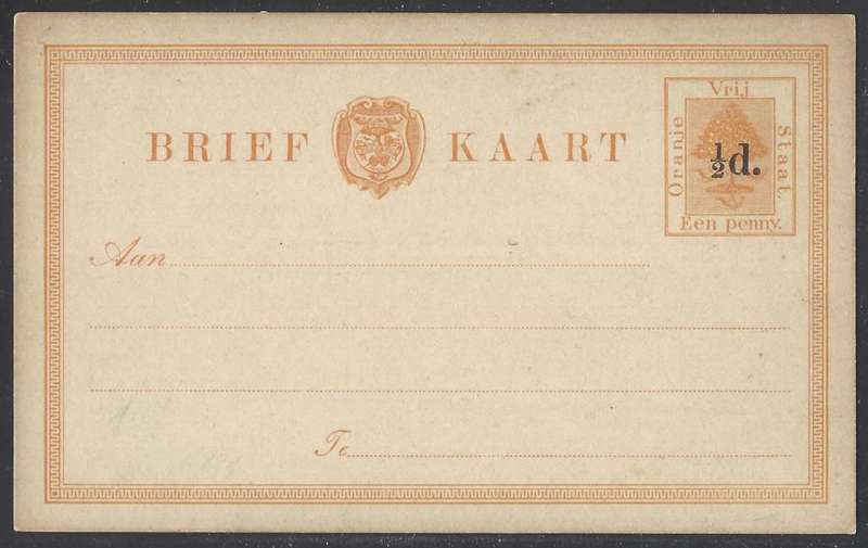 OFS 1891 Brief Kaart (1888 De La Rue 1d card surcharged 1/2d by BORCKENHAGEN & Co. Bloemfontein.)