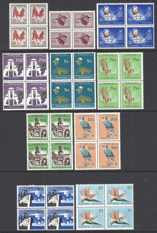 RSA 1963-7 set of 10 definitive blocks of 4 superb MNH. WM RSA. SACC 226/235. See below.