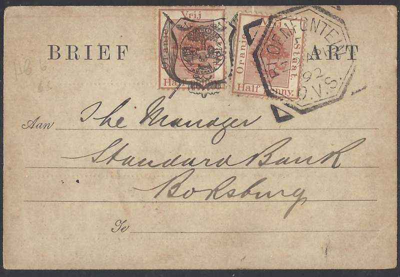 OFS 1893 (22 APR) uprated 1/2d FIRST PTG. Stamp Brief Kaart Bloem/Jhb/BOKSBURG. Scarce. See below.