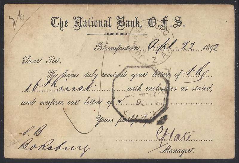 OFS 1893 (22 APR) uprated 1/2d FIRST PTG. Stamp Brief Kaart Bloem/Jhb/BOKSBURG. Scarce. See below.