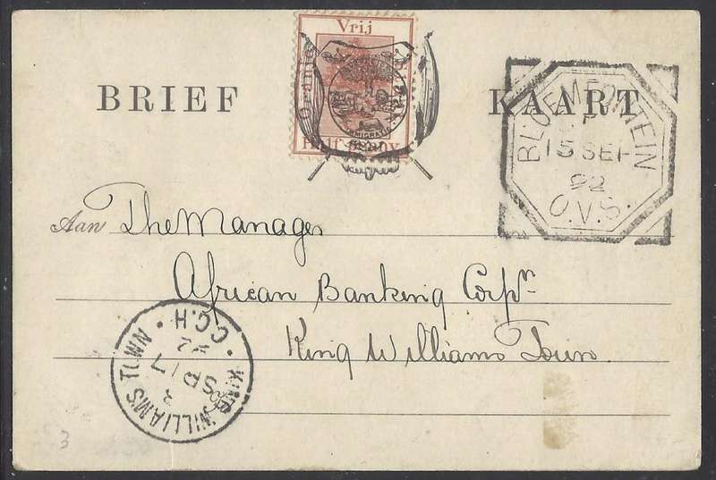 OFS 1893 (25 SEP) 1/2d FIRST PTG. Stamp Brief Kaart Bloemfontein/King Williams Town. See below.