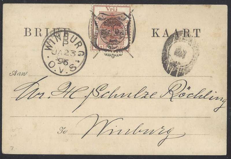OFS 1896 (JA 23) Scarce PROVING 1/2d FIRST PTG. Stamp Brief Kaart: WINBURG/BONC 3.  See below.