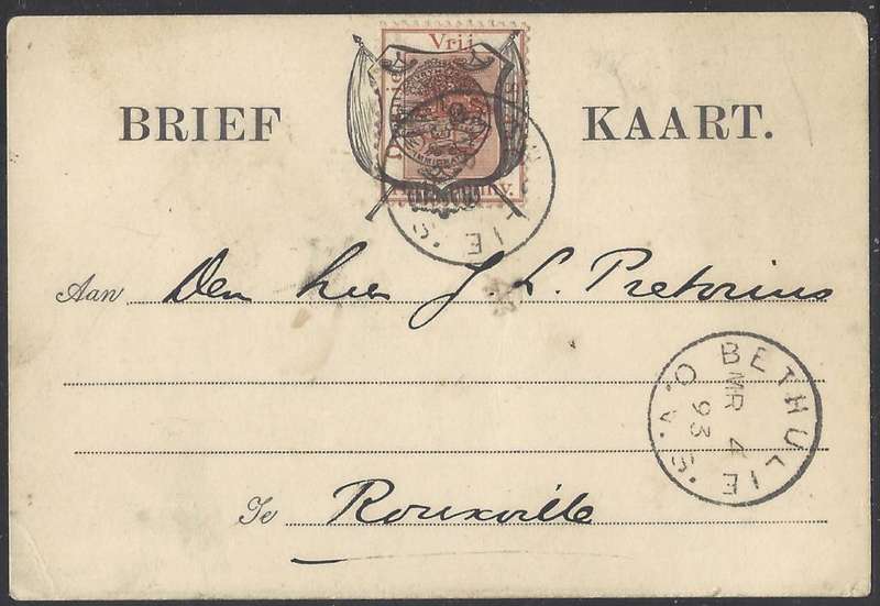 OFS 1893 (MR 4) 1/2d 2nd PTG. Stamp Brief Kaart BETHULIE/ROUXVILLE. See below.