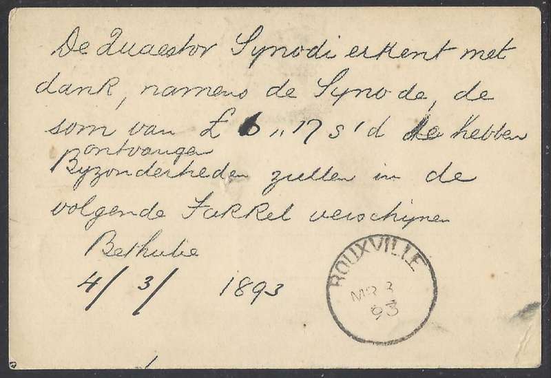 OFS 1893 (MR 4) 1/2d 2nd PTG. Stamp Brief Kaart BETHULIE/ROUXVILLE. See below.