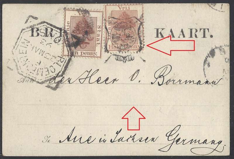 OFS 1893 (23 MAR) Scarce uprated 1/2d THIRD PTG. Stamp Brief Kaart Bloemfontein/Germany. See below.