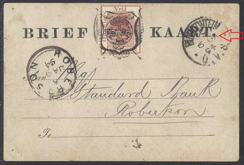 OFS 1894 (6 JA) Scarce 1/2d FOURTH PTG. Stamp Brief Kaart BLOEM/TPO UP/Robertson. See below.