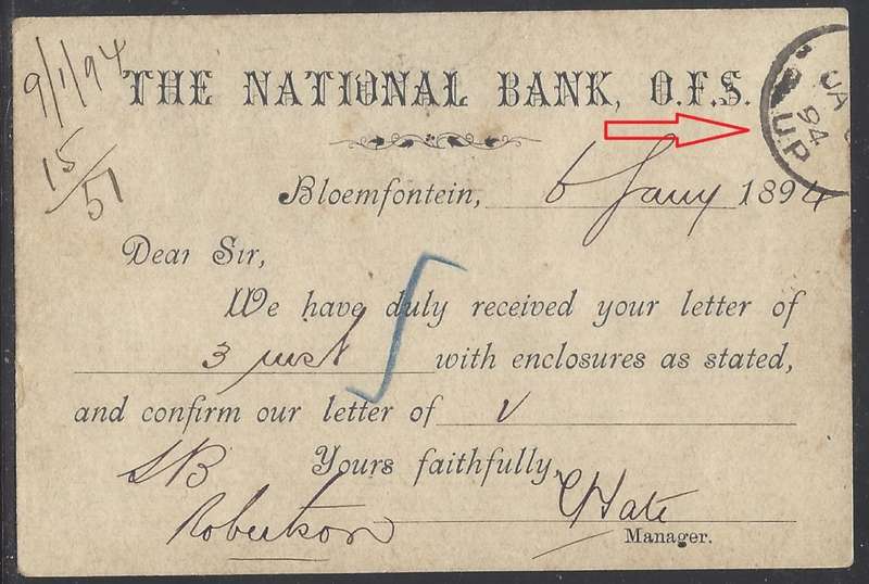 OFS 1894 (6 JA) Scarce 1/2d FOURTH PTG. Stamp Brief Kaart BLOEM/TPO UP/Robertson. See below.
