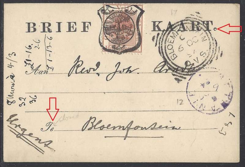 OFS 1894 (6 OC) 1/2d FIFTH PRINTING Stamp Brief Kaart Bethanie/Bloemfontein. See below.