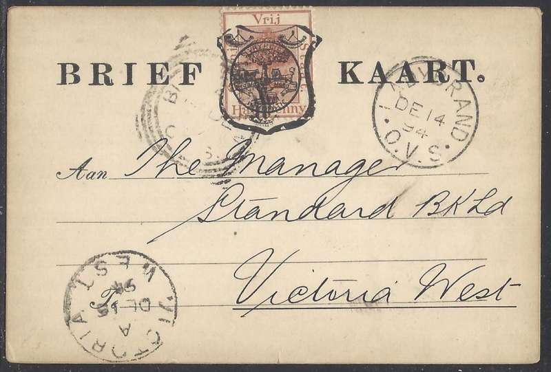 OFS 1894 (DE 14) 1/2d FIFTH PTG Stamp Brief Kaart Ladybrand/Bloemfontein/Victoria West. See below.