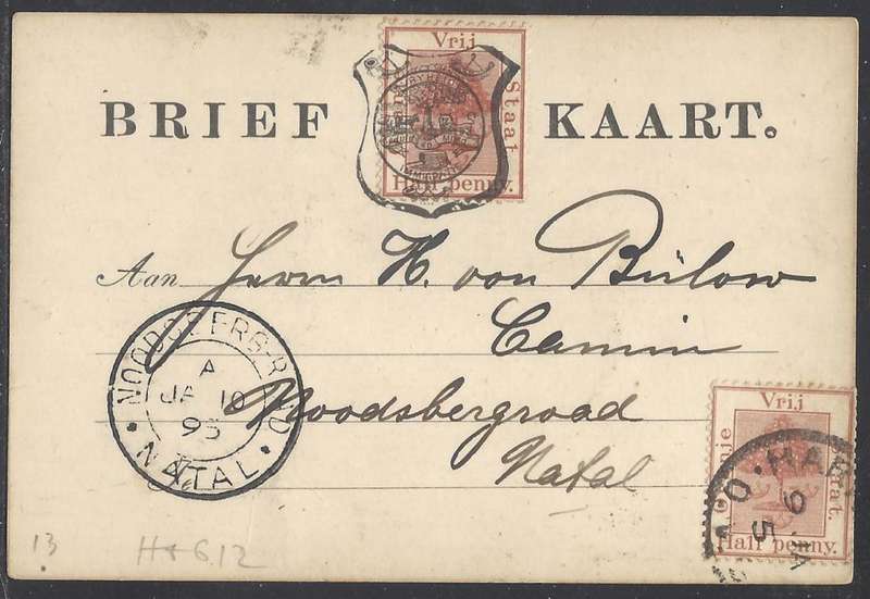 OFS 1895 (JA 9) Uprated 1/2d FIFTH PTG Stamp Brief Kaart Harrismith/GPO Natal/Noodsberg-road.