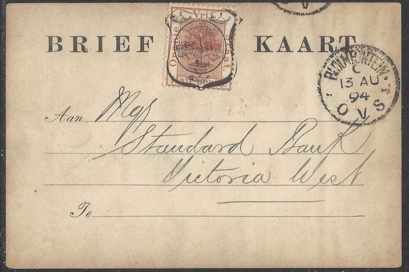OFS 1894 (13 AU) 1/2d FIFTH PTG Stamp Brief Kaart Bloemfontein/Victoria West. See below.