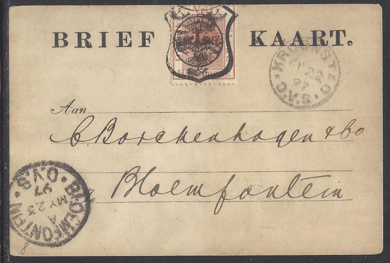 OFS 1897 (MY 22) 1/2d FIFTH PTG Stamp Brief Kaart Kroonstad/Bloemfontein. See below.