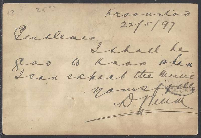 OFS 1897 (MY 22) 1/2d FIFTH PTG Stamp Brief Kaart Kroonstad/Bloemfontein. See below.