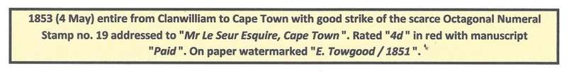 Cape 1853 Pre-adhesive rarity: Clanwilliam Octagonal `19` entire. Outstanding. See below.