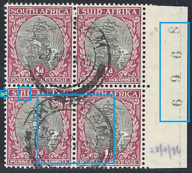 Union 1933 Scarce `KLIPDAM` variety block with `1` insread of `I`` and sheet no.  See below.