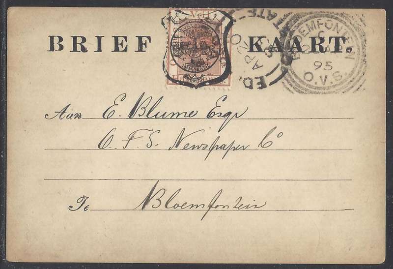 OFS 1895 (AP 20) Rare 1/2d FIFTH PTG Stamp Brief Kaart Edenburg (Putzel 900 pts.)/Bloemfontein.