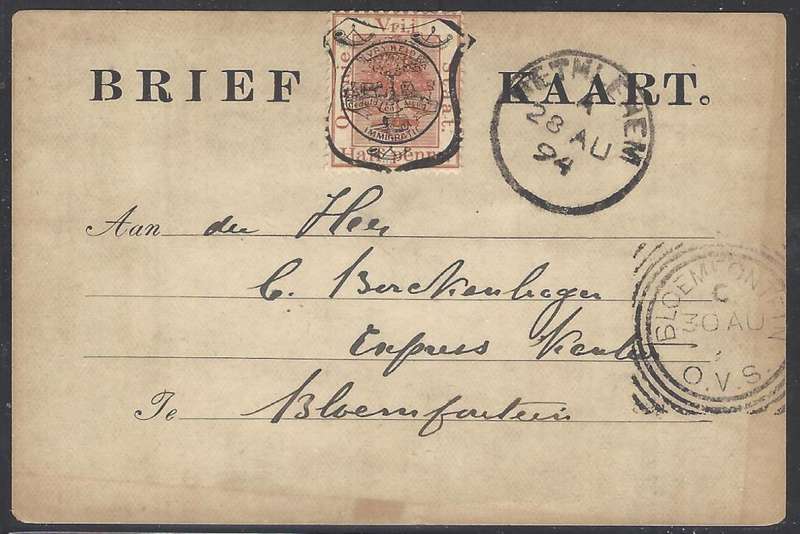 OFS 1894 (28 AU) 1/2d FIFTH PTG Stamp Brief Kaart (Blunt shield type) Bethlehem/Bloemfontein.
