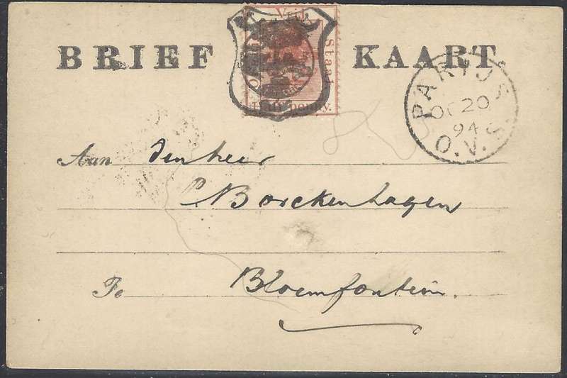 OFS 1894 (OC 20) Scarce 1/2d FIFTH PTG Stamp Brief Kaart PARIJS (single circle cds)/Bloemfontein.