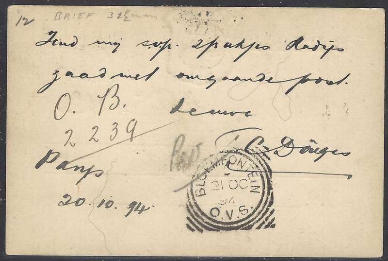 OFS 1894 (OC 20) Scarce 1/2d FIFTH PTG Stamp Brief Kaart PARIJS (single circle cds)/Bloemfontein.
