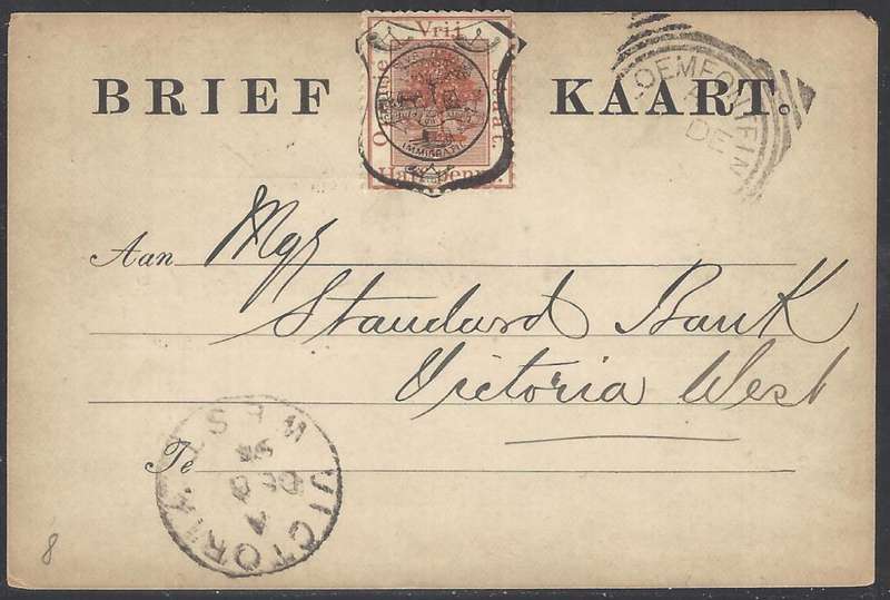 OFS 1894 (DE 6) 1/2d FIFTH PTG Stamp Brief Kaart Bloemfontein/Victoria West.
