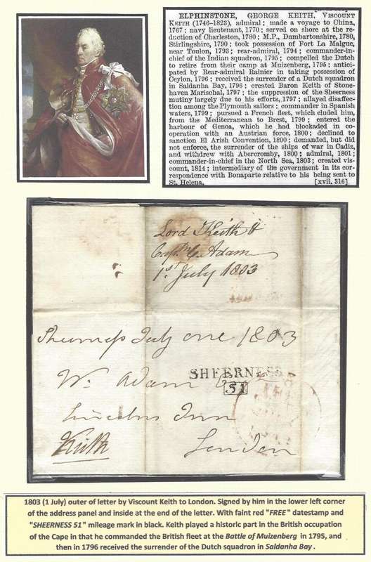 Cape 1803 (1 July) scarce Viscount Keith cover Cape Town to London. See below.