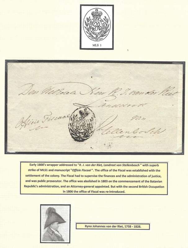 Cape 1800`s MLS 1 wrapper to RJ. van der Riet, Landrost, Stellenbosch ex Maxwell Joseph. See below.