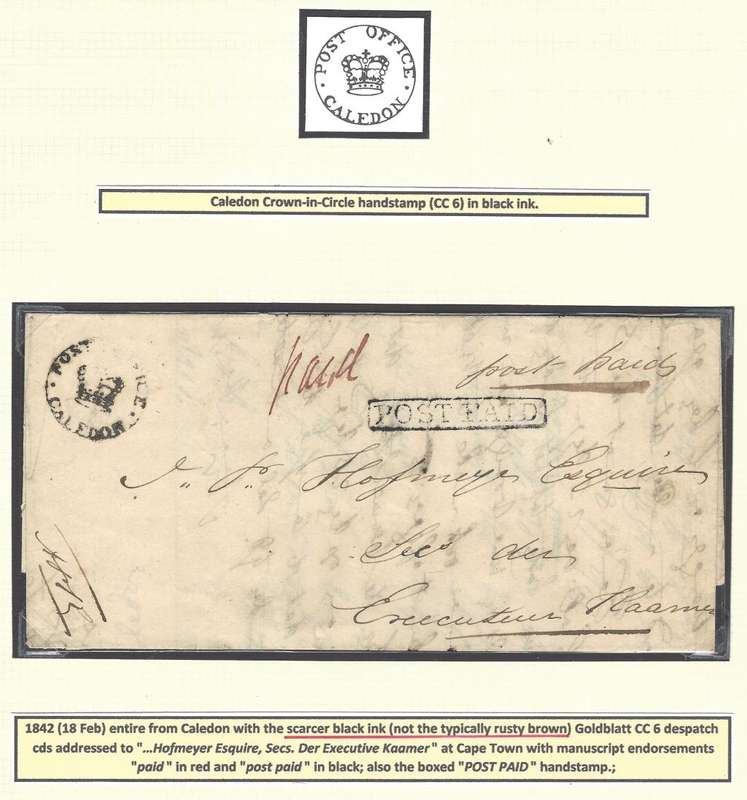 Cape c1842 (18 FEB) entire from Caledon with scarce BLACK INK CC 6 and `POST PAID`. See below.