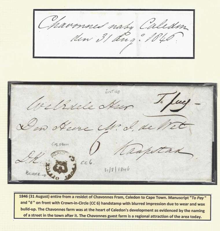 Cape 1846 entire from Caledon (Chavonnes Farm) with scarcer black ink CC 6. See below.
