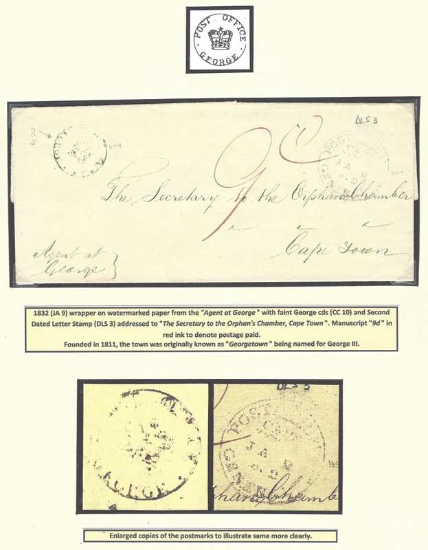 Cape 1832 (JA 9) wrapper from `agent at George` with Cape Town (CC 1) and DLS 3 handstamps.