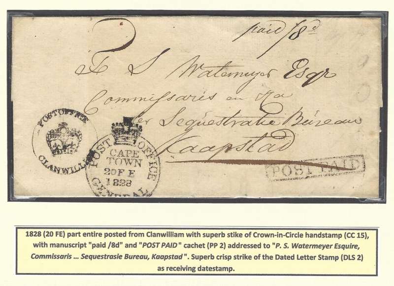 Cape 1828 Clanwilliam part entire with CC 15, Post Paid (PP2) and DLS 2