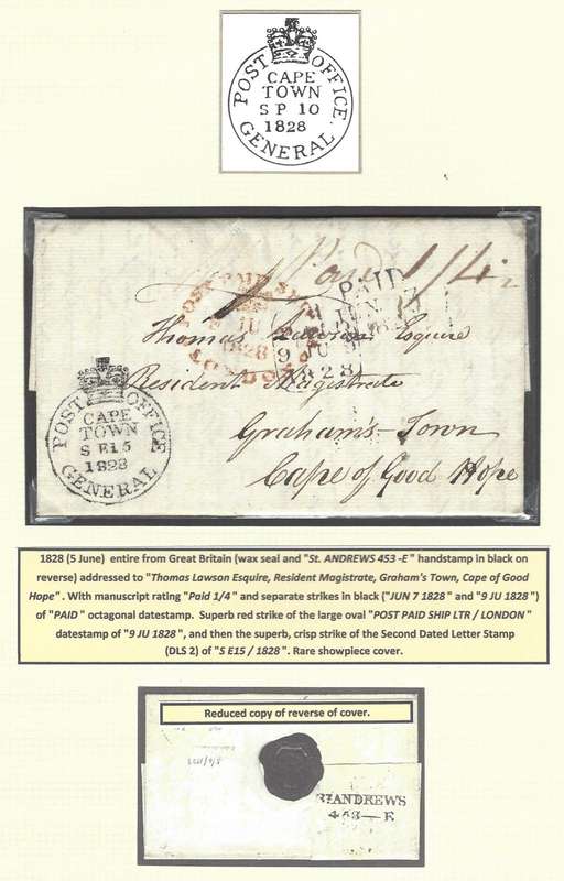 Cape 1828 (5 June) Post Paid Ship Letter London, Second Dated Letter Stamp (DLS 3).  See below.
