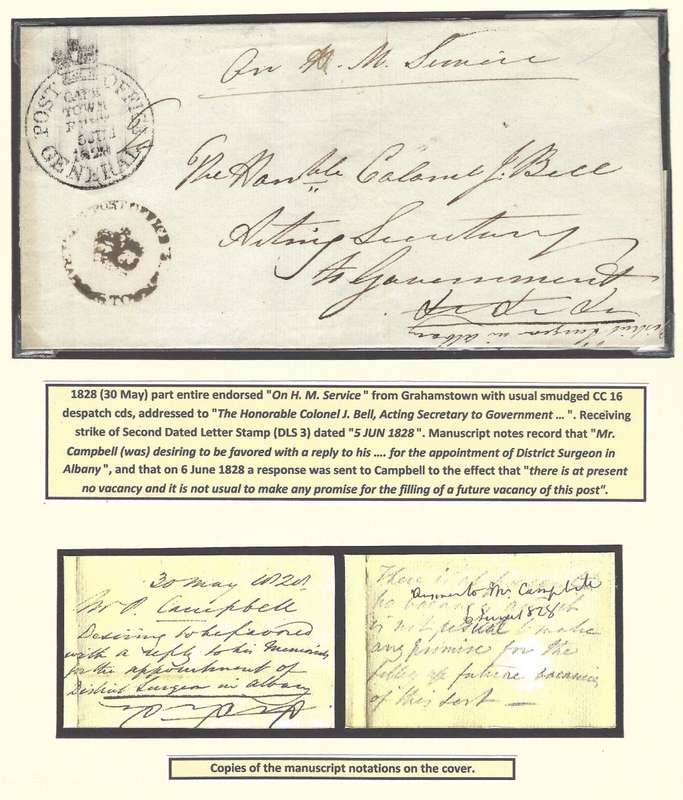 Cape 1828 (30 May) historic Colonel J. Bell part entire with Grahams Town CC 16 and DLS 3.