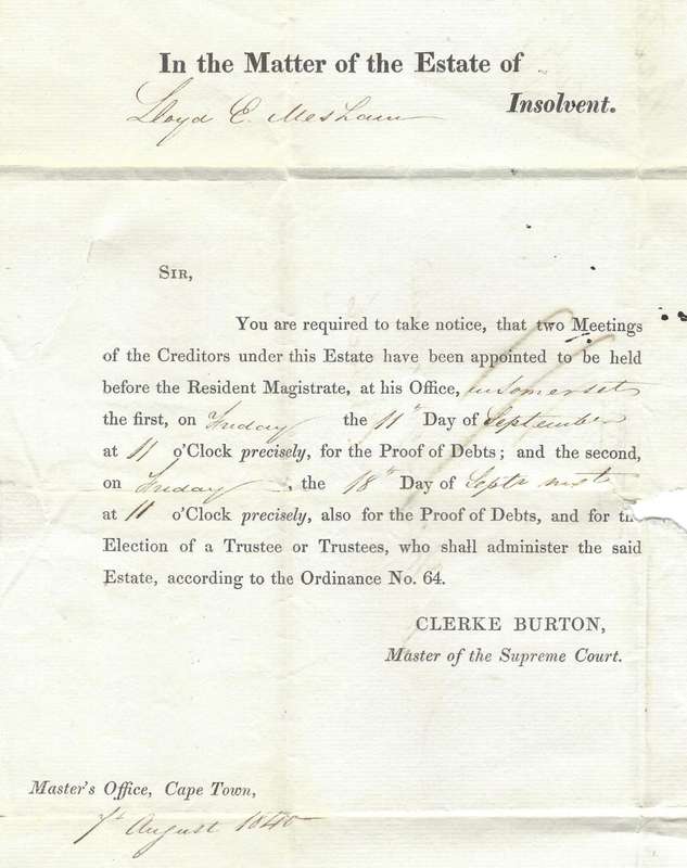 Cape 1840 (7 AU) historic pre-printed entire Cape Town to Cradock with DLS 4 and PP 1 . See below.