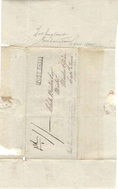 Cape 1844 (17 OCT) wrapper from Fort England, Grahamstown to Cape Town with PP 2. See below.