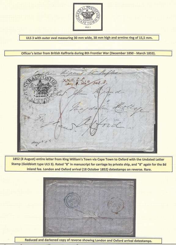 Cape 1852 (8 August) third type Undated Letter Stamp - the ULS 3. See below.