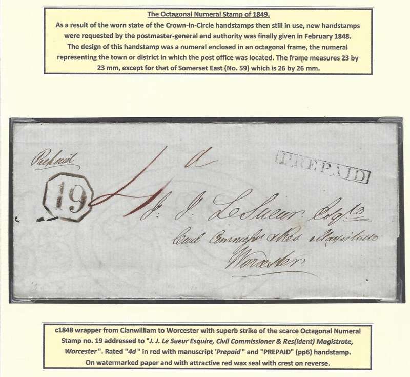 Cape: : The Octagonal Numeral Stamp of 1849. Clanwilliam (no. 19) to Worcester and PP 6.  See below.