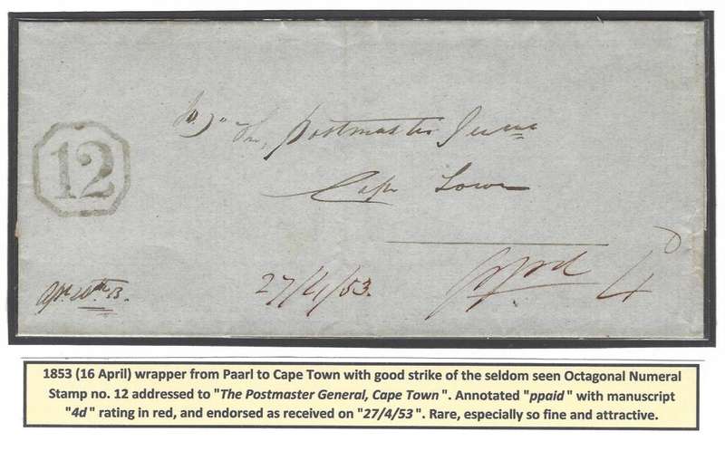 Cape: 1853 (16 April) wrapper from Paarl with number 12.  See below.