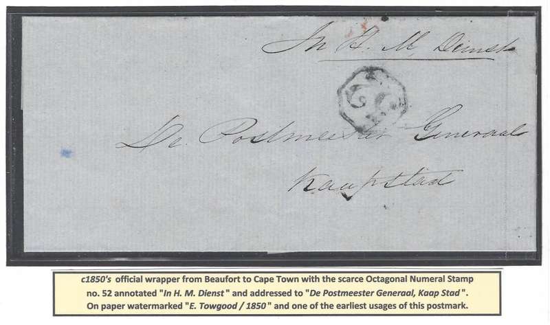 Cape: 1850`s official wrapper from Beaufort to Cape Town with ON number 52. See below.