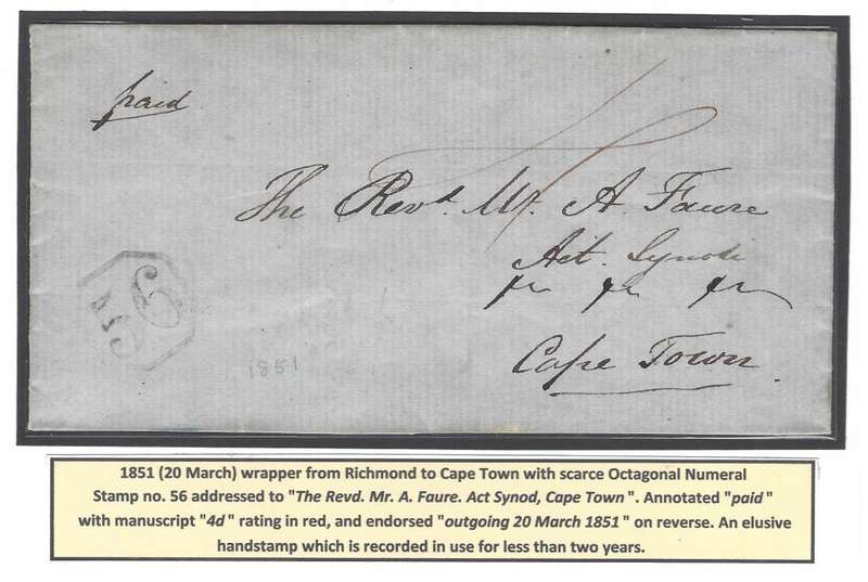 Cape: 1851 (20 March) wrapper from Richmond to Cape Town with ON number 56. See below.