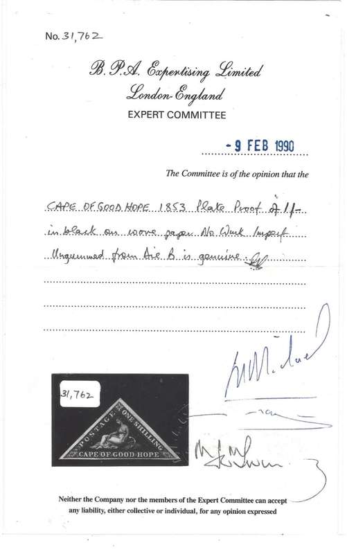 Cape 1853 One Shilling Plate Proof in black with BPA certificate. See below.