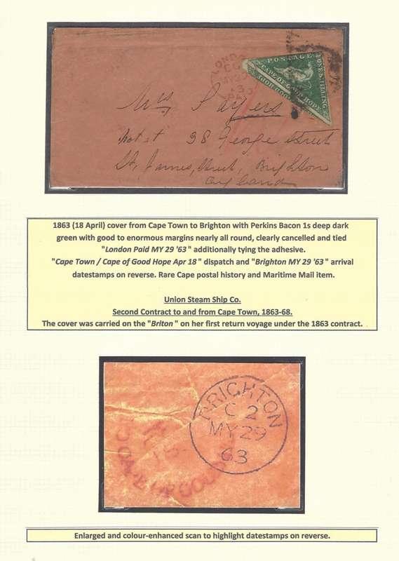 Cape 1863 (April 18) cover from Cape Town per Union Steam ship Co. to Brighton with SACC 8b.