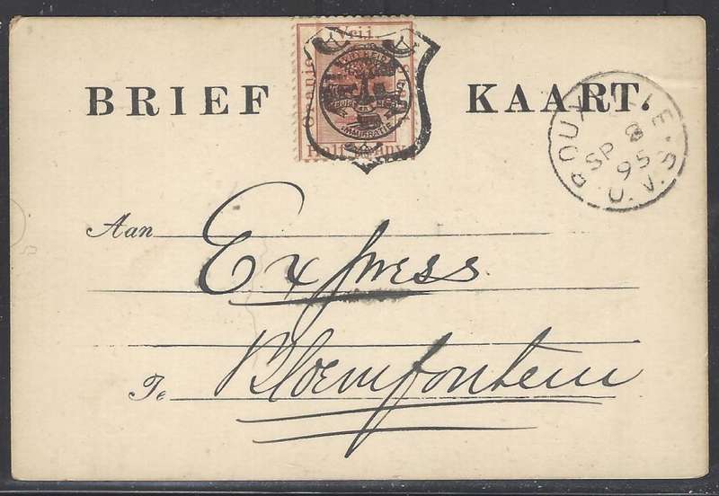 OFS 1895 (SP 8)) 1/2d 7th PTG Stamp Brief Kaart Rouxville/Bloemfontein re `PO Rondekraal` .