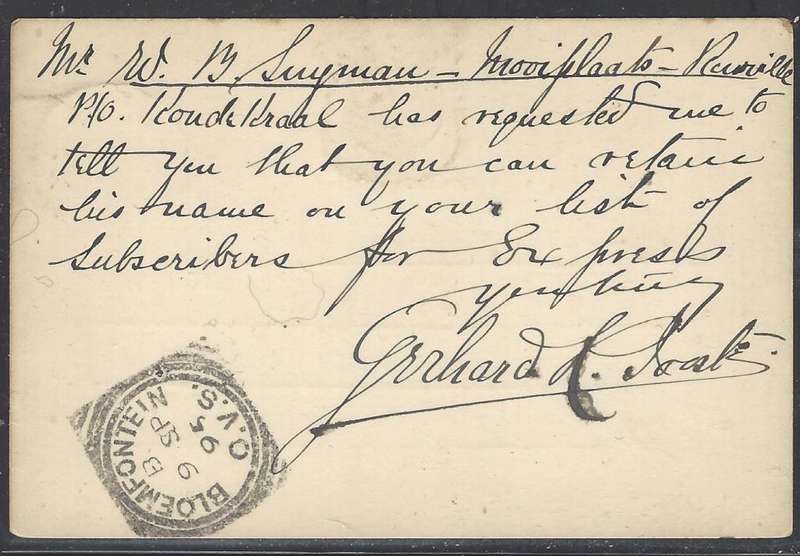 OFS 1895 (SP 8)) 1/2d 7th PTG Stamp Brief Kaart Rouxville/Bloemfontein re `PO Rondekraal` .