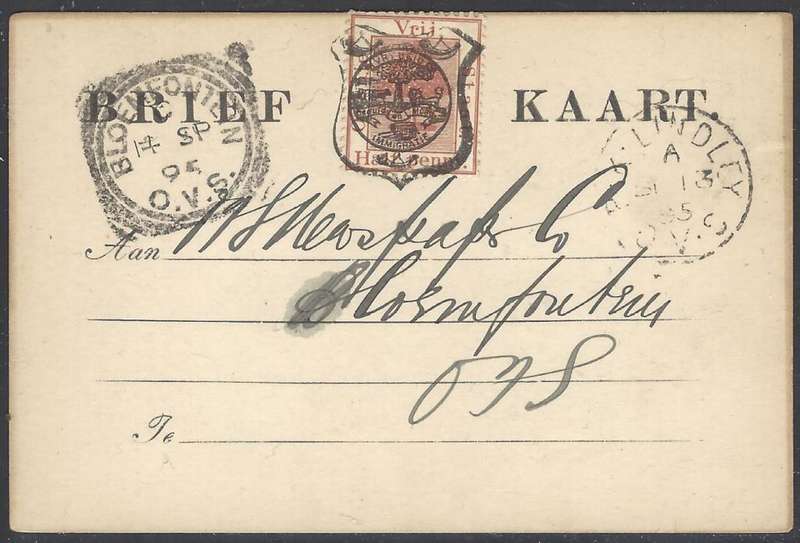 OFS 1895 (SP 13)) 1/2d 7th PTG Stamp Brief Kaart PK Lindley/Bloemfontein re `PO Kaalfontein` .
