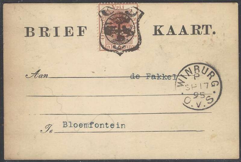 OFS 1895 (SP 17)) 1/2d 7th PTG Stamp Brief Kaart to `de Fakkel` from Winburg. See below.