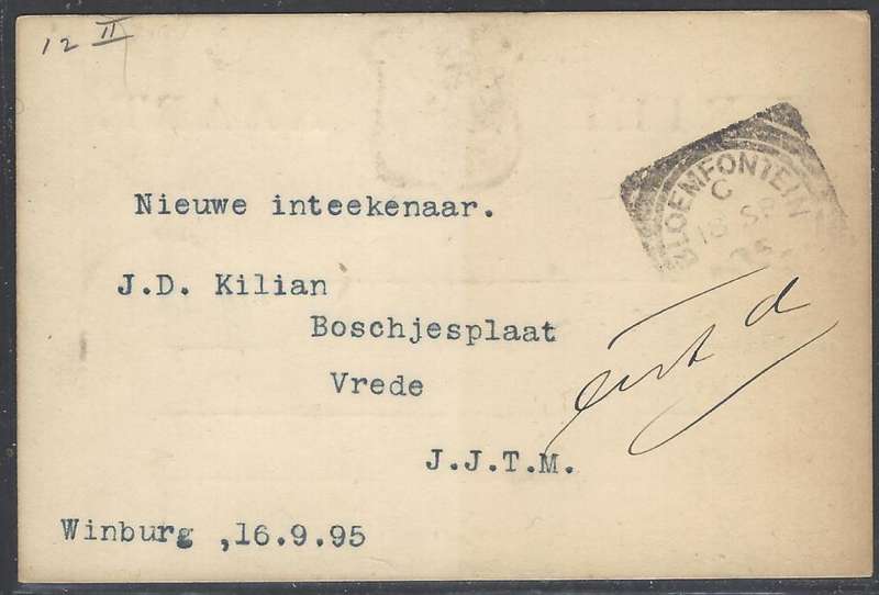 OFS 1895 (SP 17)) 1/2d 7th PTG Stamp Brief Kaart to `de Fakkel` from Winburg. See below.