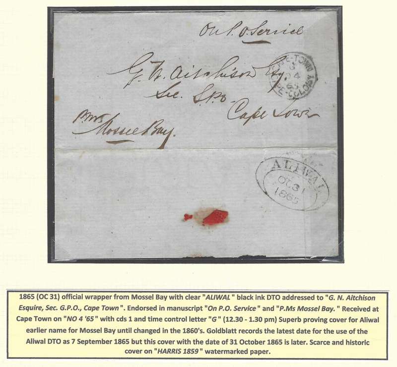 Cape: the Dated Town Oval (`DTO`) handstamps of 1853 and ALIWAL (Mossel Bay). See below.
