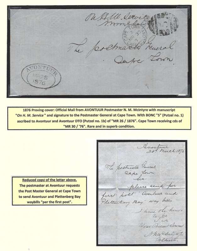 Cape: 1876 Proving cover from Avontuur with DTO and BONC 5. See below.
