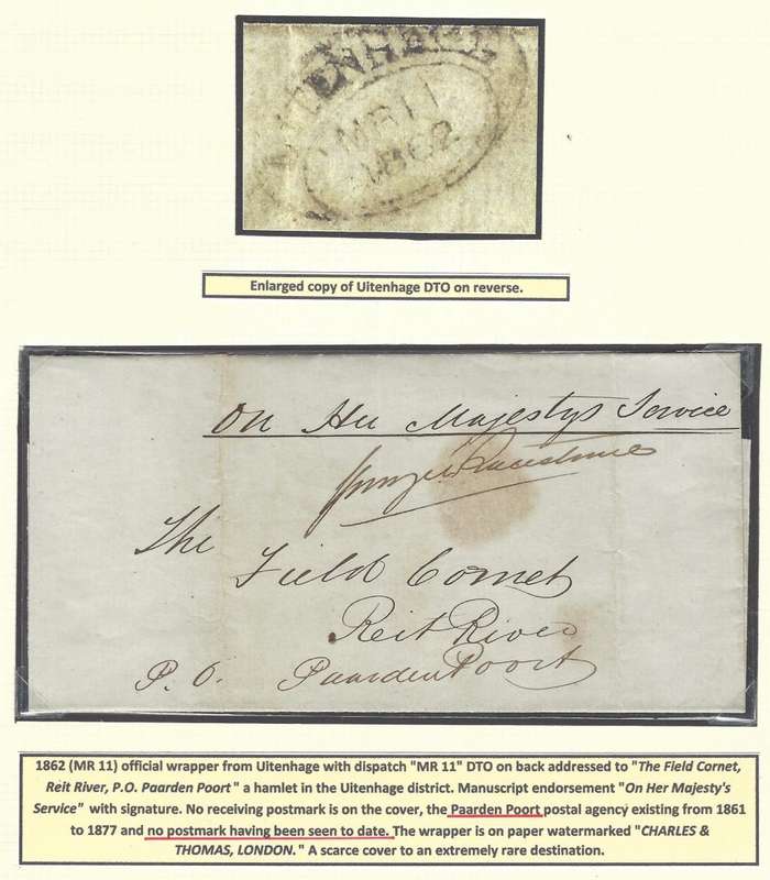 Cape: 1862 (MR  11) historic wrapper from Uitenhage with DTO to `Riet Rivier, PO Paarden Poort`.