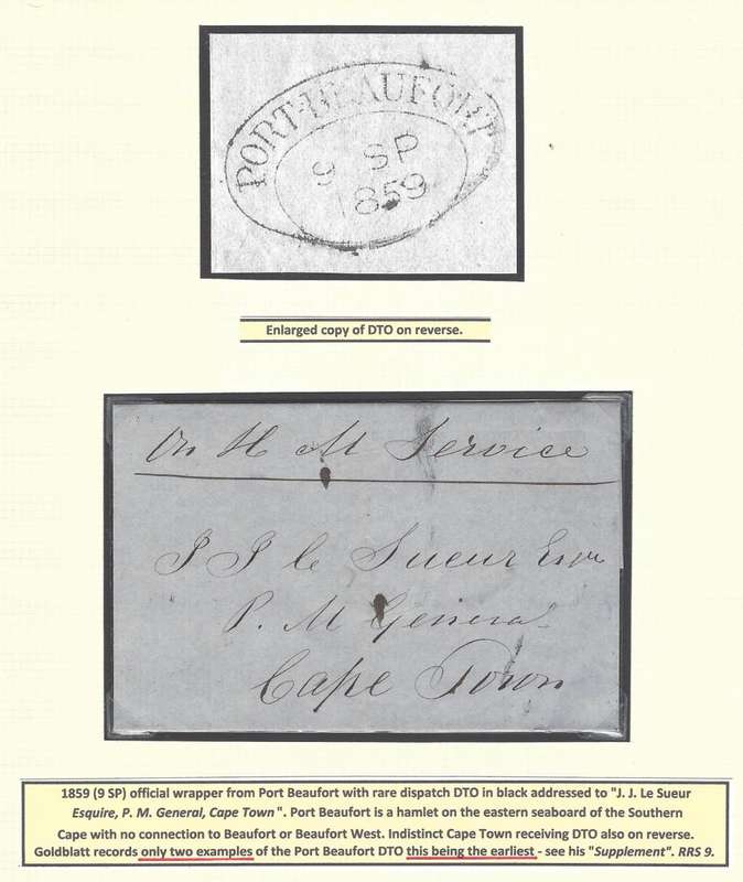 Cape: 1859 (9 SP) earliest use of Rare PORT BEAUFORT DTO on cover. See below..